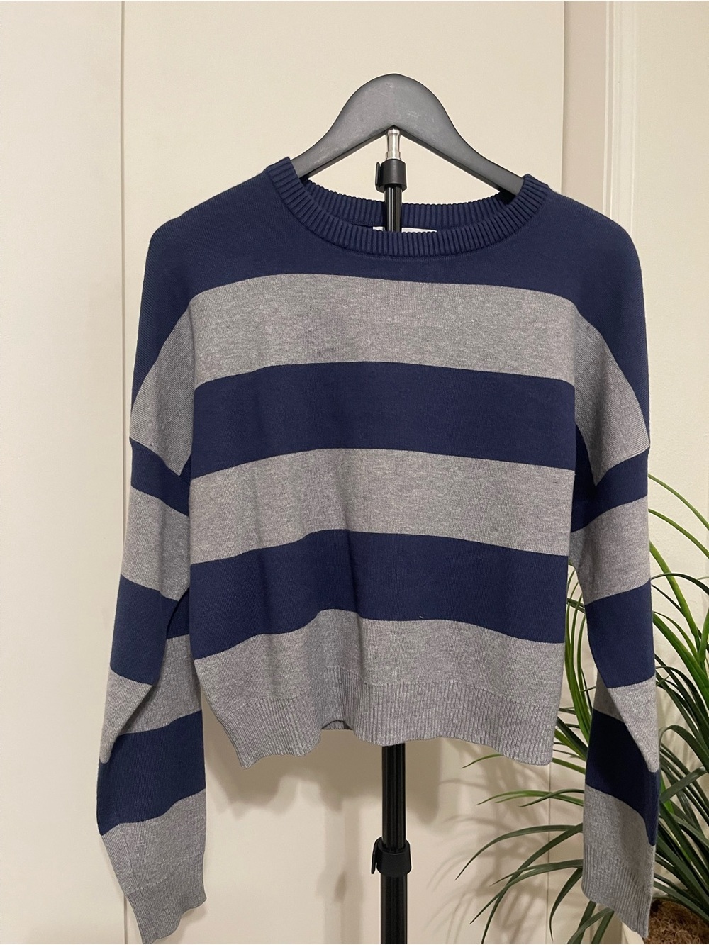 No Boundaries Navy and Gray Striped Crew Sweater